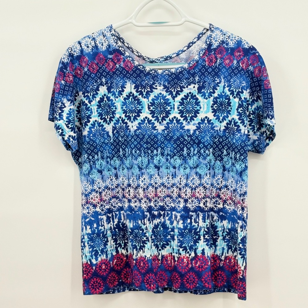 Weekends by Chicos Blue Pink Medallion Print Ladder Back T-Shirt Size 0 Small
